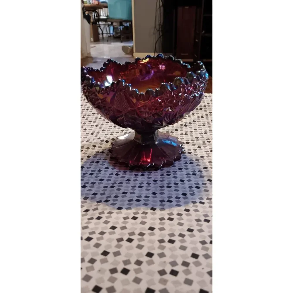 Fenton Ruby Red Glass Carnival Pinwheel Iridescent Sawtooth Edge Candy Bowl Art